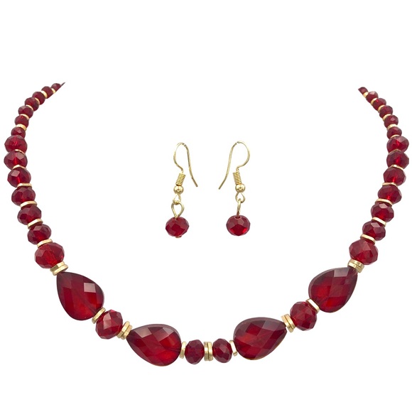Red Glass Beaded Single Row Necklace Earrings Set - Picture 1 of 3